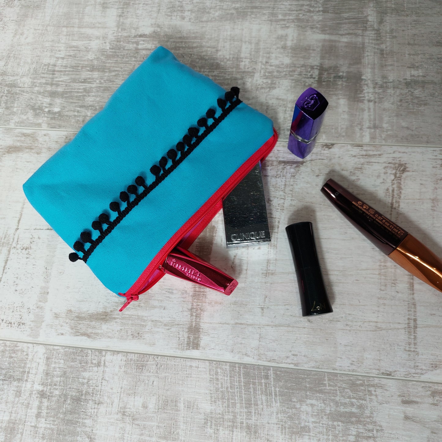 Turquoise Make Up Bag with Pom Poms