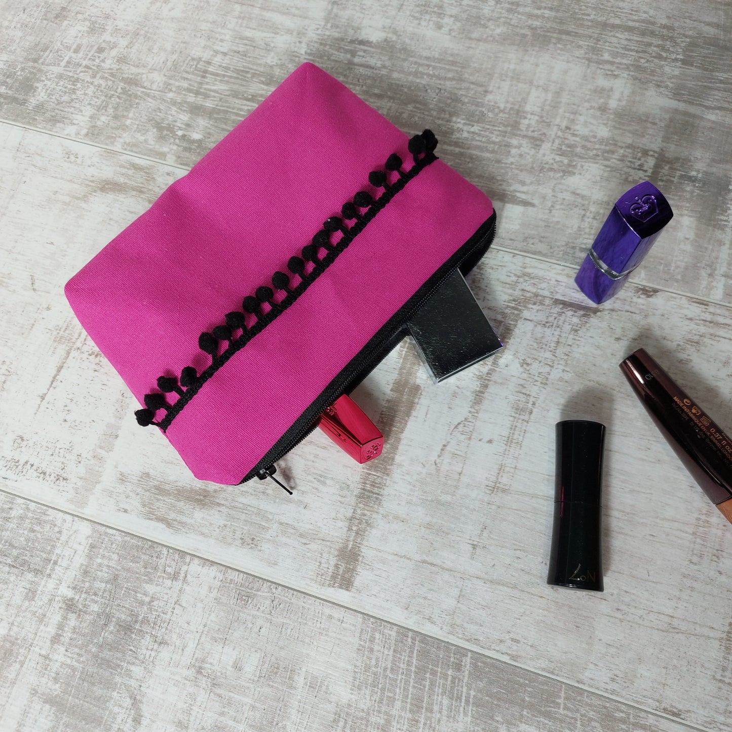 Pink Make Up Bag with Pom Poms