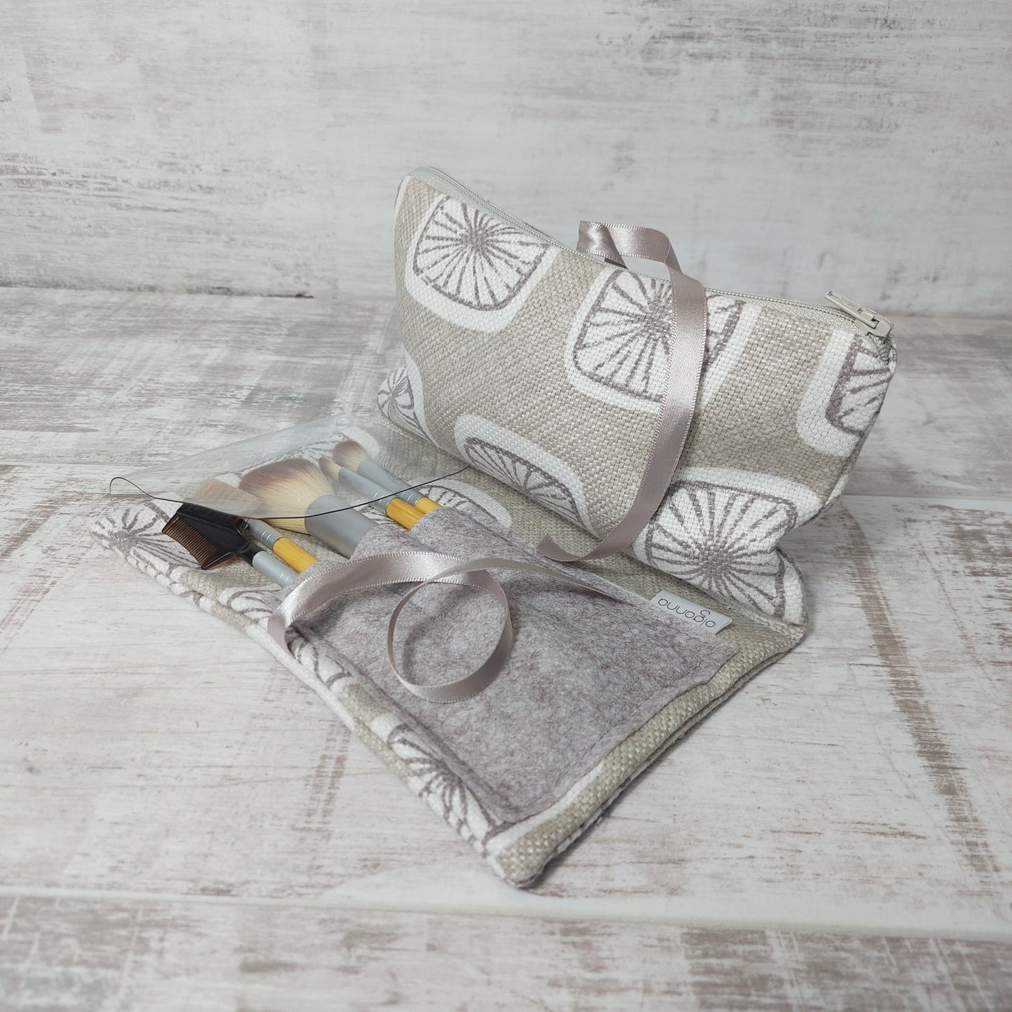 Retro Print Dove Grey Make up Bag with brushes pocket