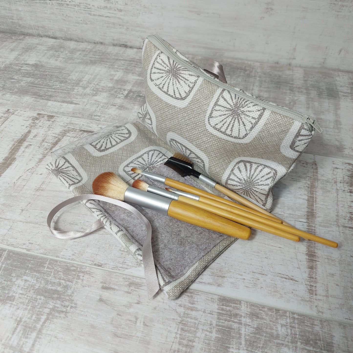 Retro Print Dove Grey Make up Bag with brushes pocket