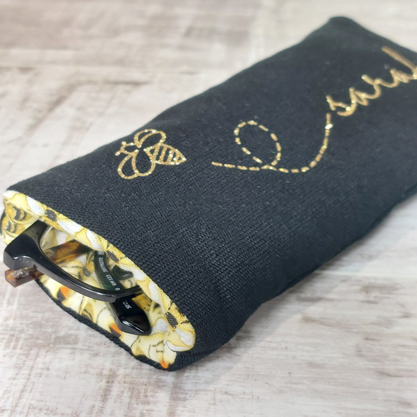 Personalized Padded Glasses Case | Black and Gold Bee Design Soft Padded Case