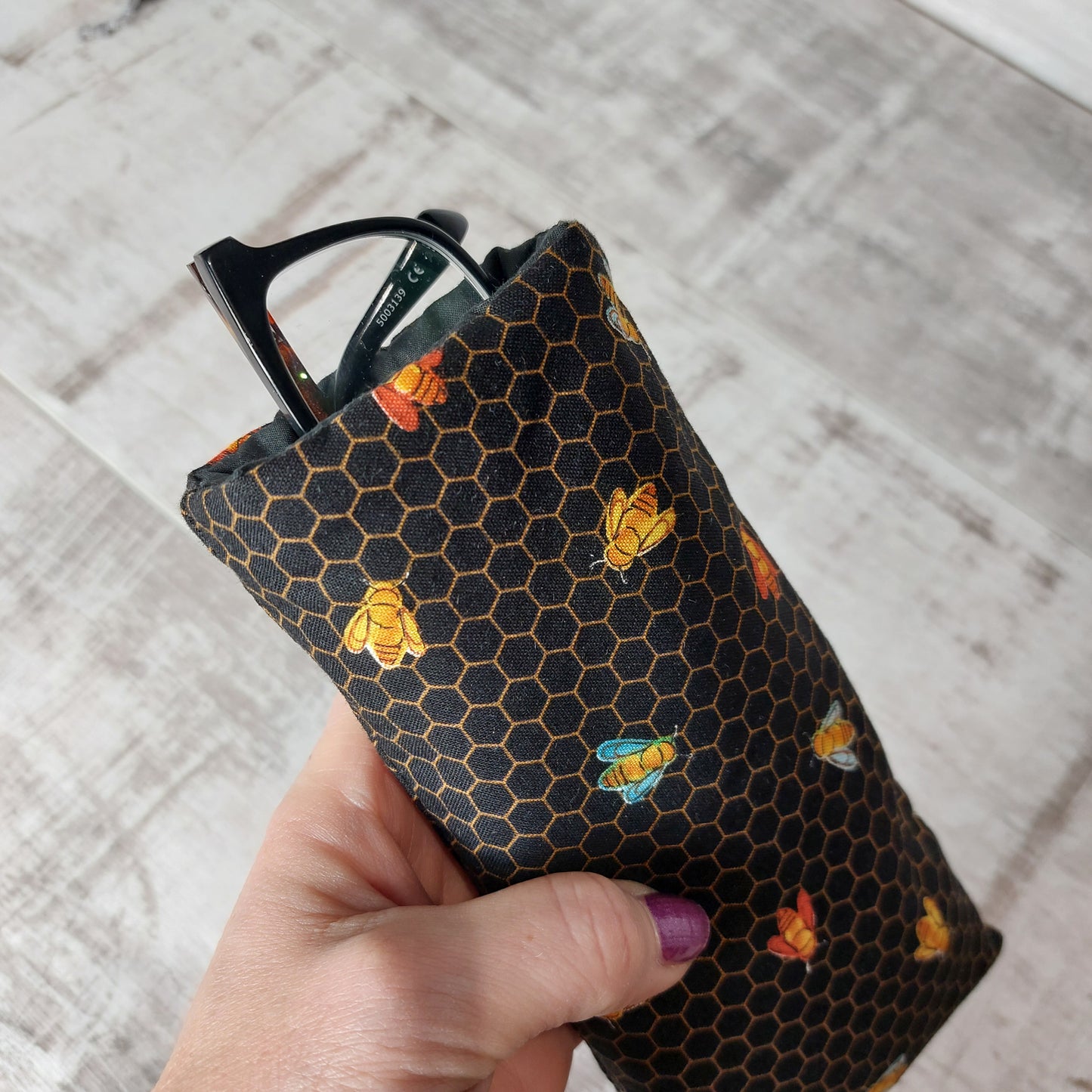 Padded Glasses Case in Honeycomb Bee Print | Protective Snap-Fastening Eyewear Pouch