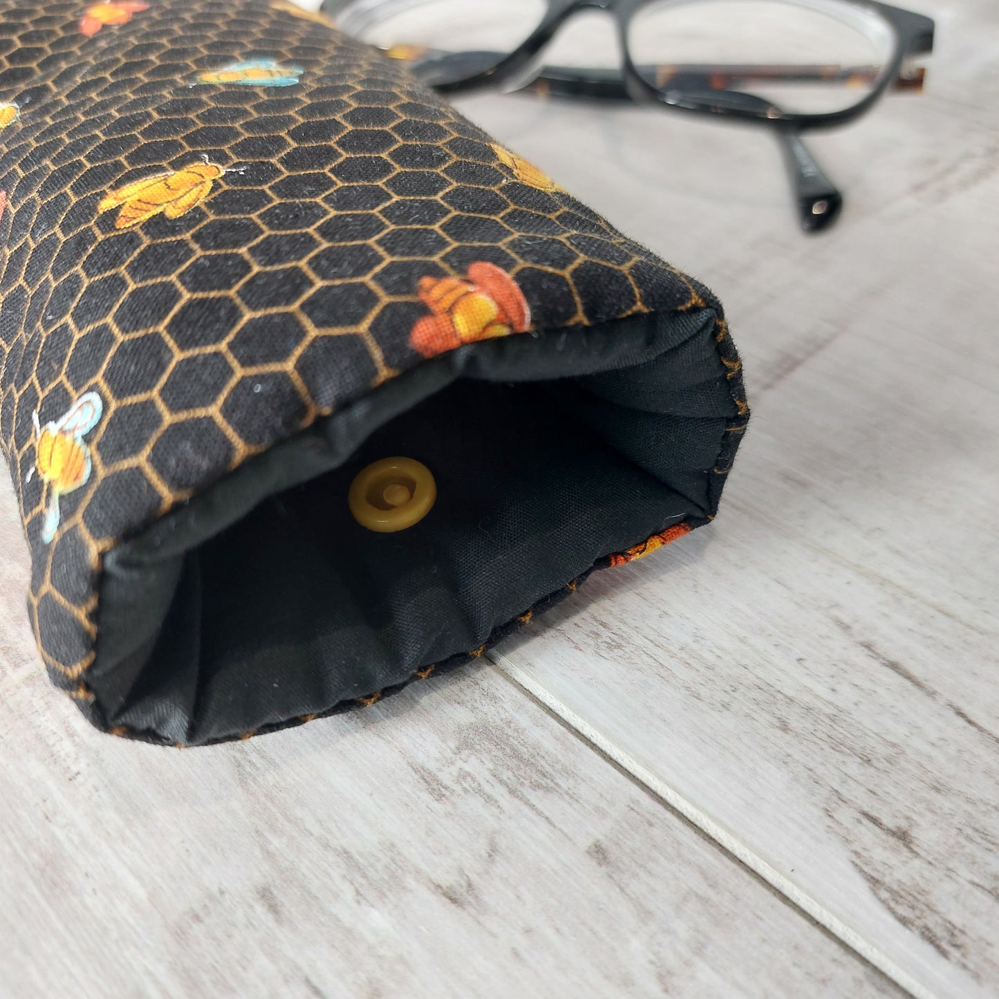 Padded Glasses Case in Honeycomb Bee Print | Protective Snap-Fastening Eyewear Pouch