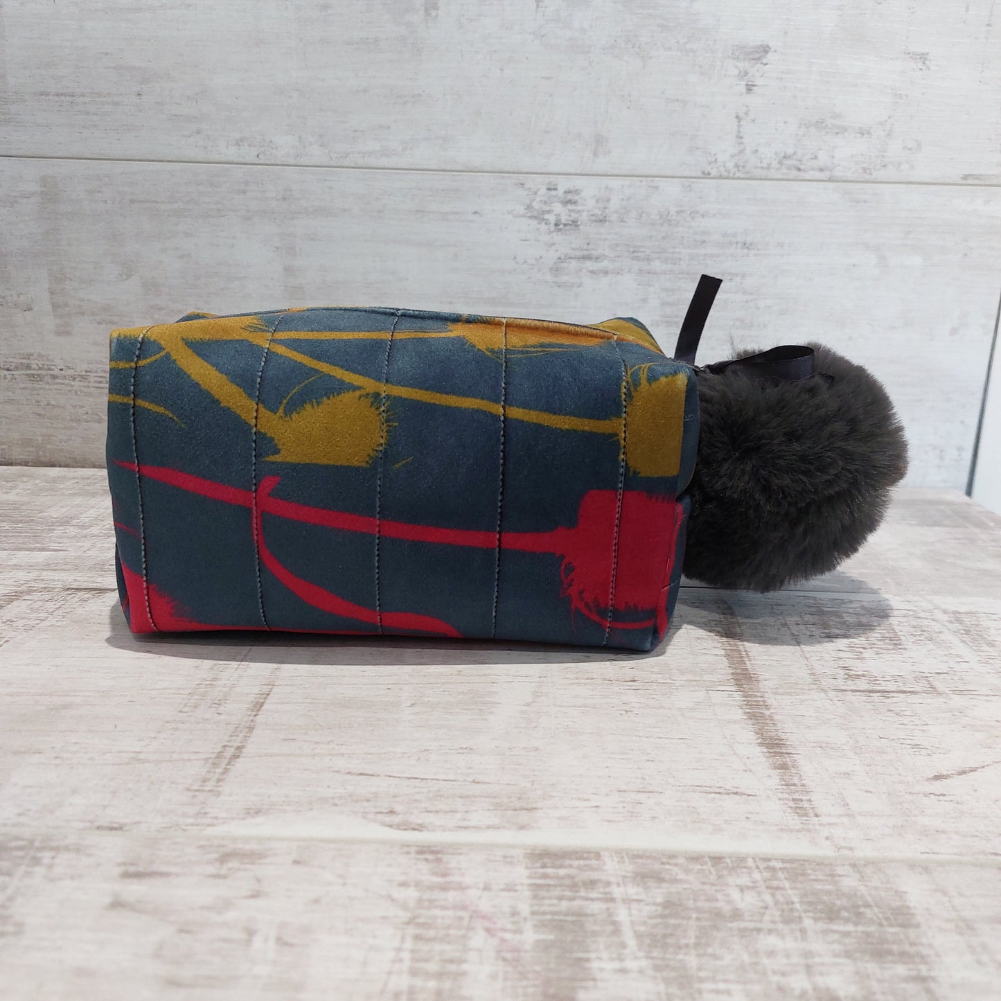 Luxurious Velvet Boxy Make Up Bag with Large Fluffy Pom Pom