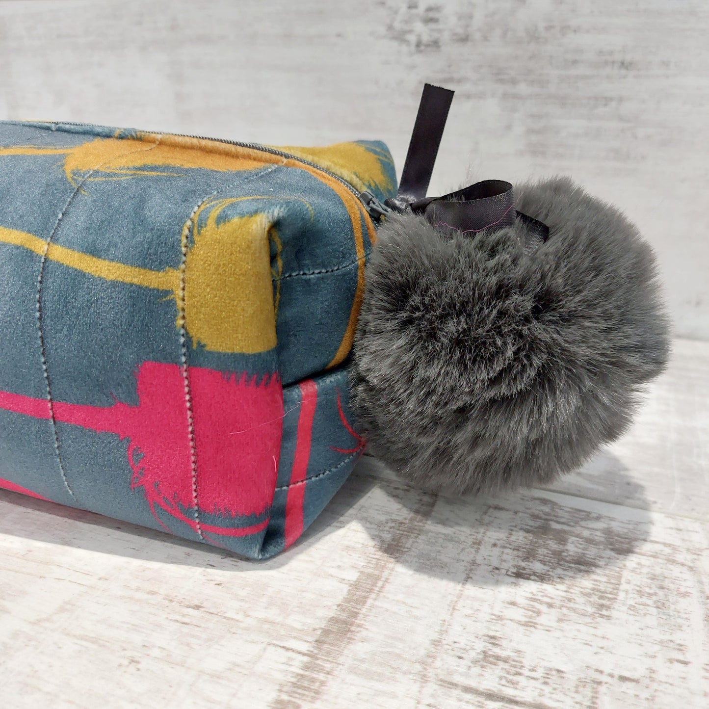 Luxurious Velvet Boxy Make Up Bag with Large Fluffy Pom Pom