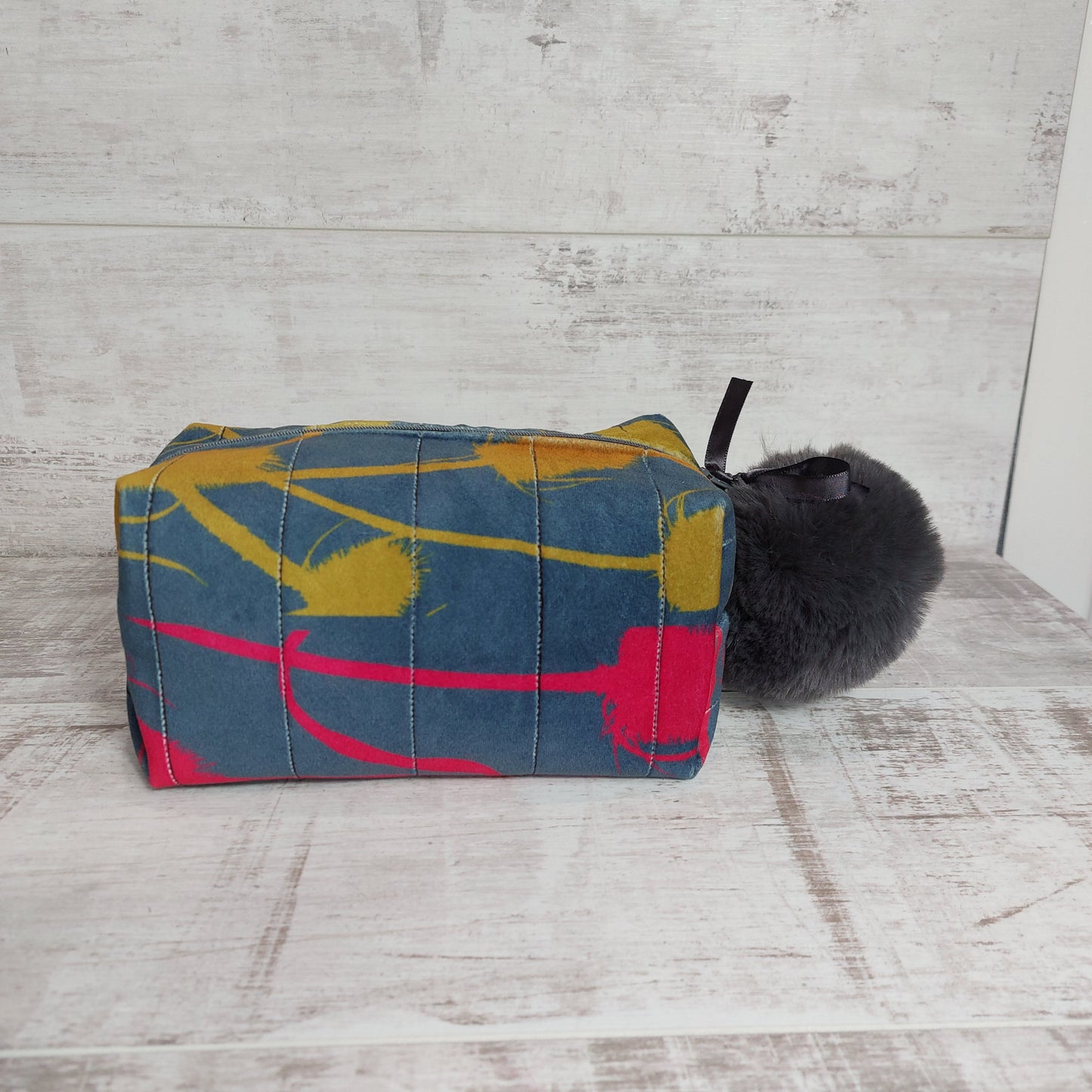 Luxurious Velvet Boxy Make Up Bag with Large Fluffy Pom Pom