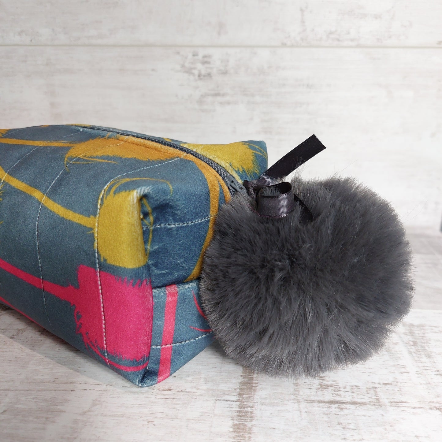 Luxurious Velvet Boxy Make Up Bag with Large Fluffy Pom Pom