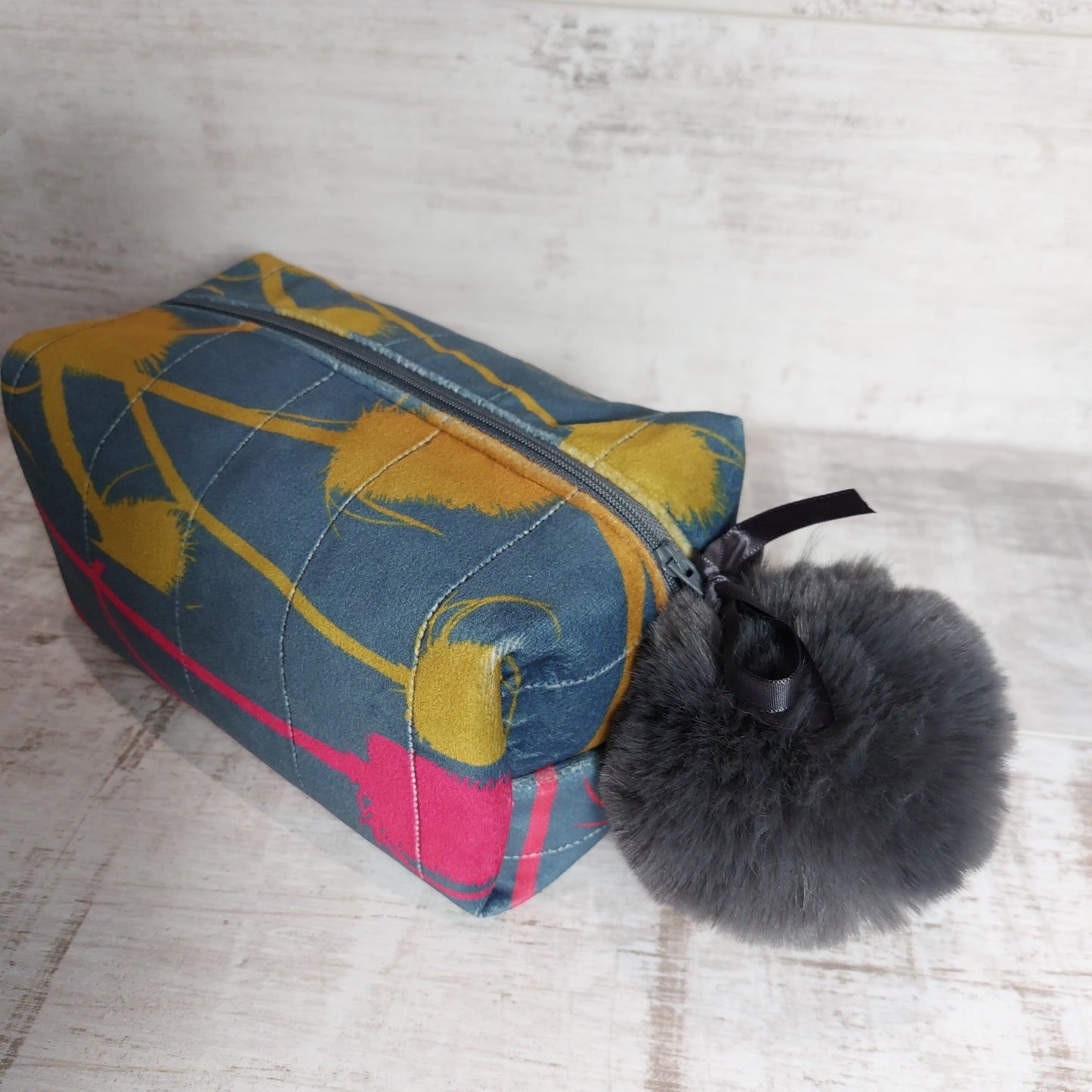 Luxurious Velvet Boxy Make Up Bag with Large Fluffy Pom Pom