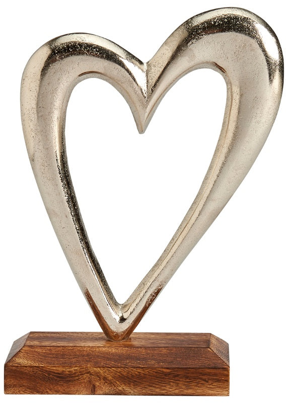 Stylised Metallic Heart in Silver on Wooden Base