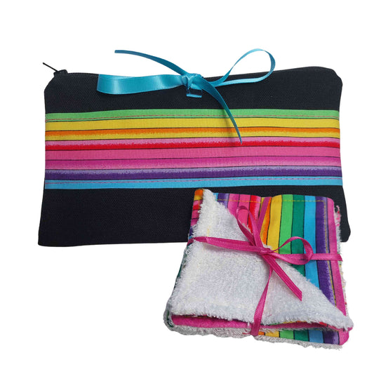 Zip Make Up Wrap in Black with Rainbow Stripe | Perfect Teen Gift | Includes Bamboo Wipes & Brushes