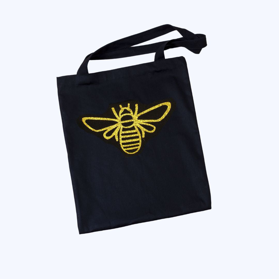 Black Cotton Tote Bag with Gold Glitter Bee | Gift Idea for a Bee Lover