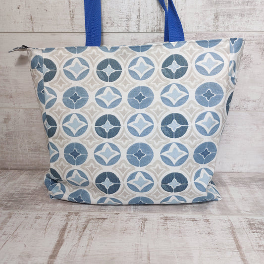 Mediterranean Blue Tile Print Beach Bag With Zip and Inside Pockets