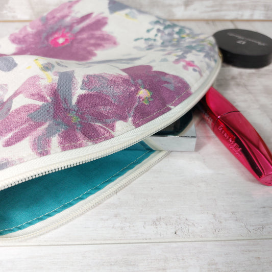 Large Watercolour Floral Makeup Bag – Elegant and Spacious with Teal Lining